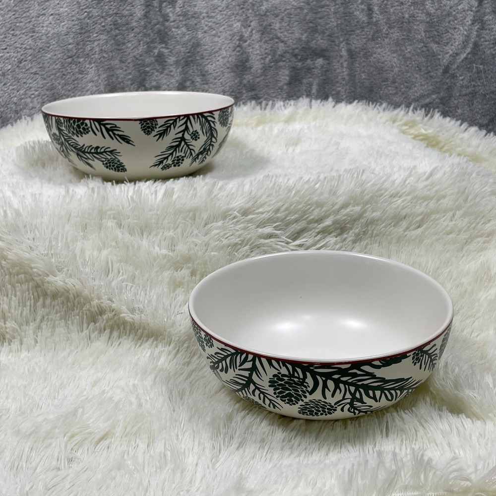 Bee And Willow Set Of 2 Cereal Soup Bowls White Green Pine Cones Leaves 6"‎